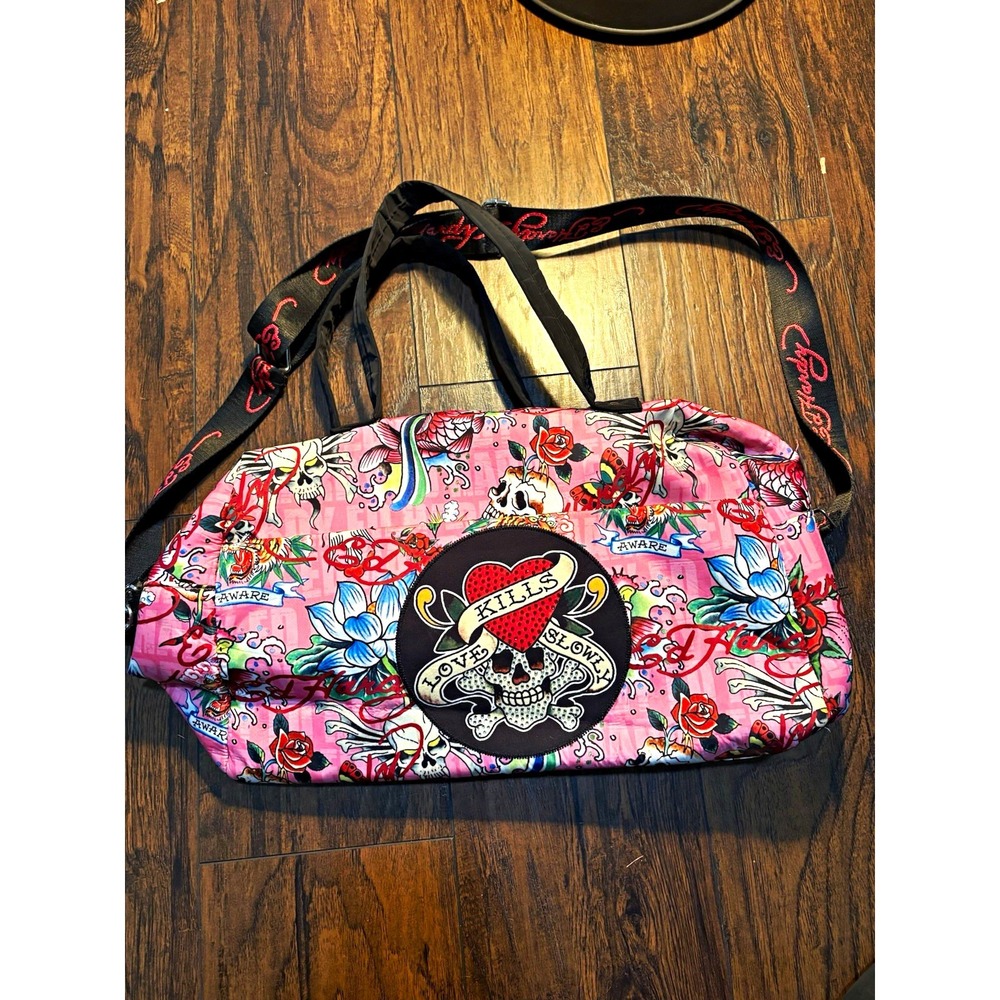 Ed Hardy Women's Pink Tattoo Skull Satchel Handbag Zip w/ Detachable Strap